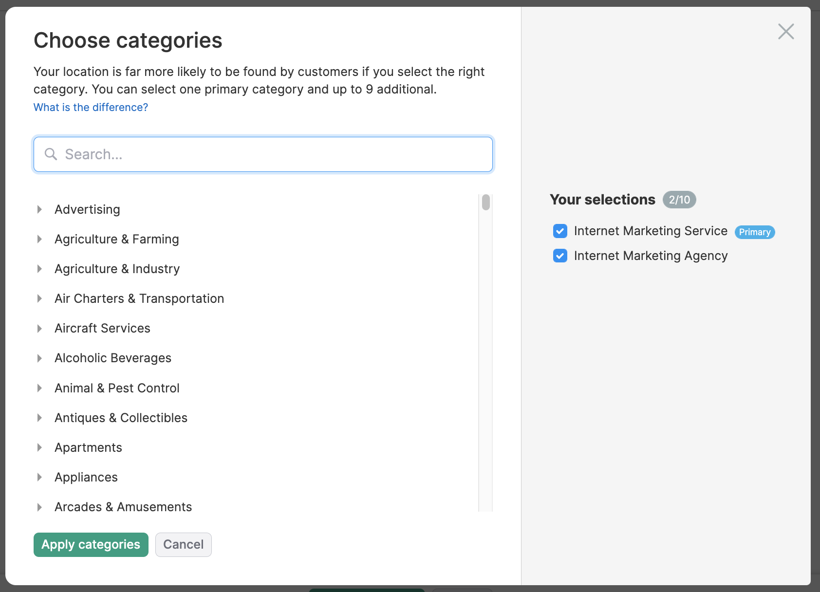 Choose categories pop-up screen.