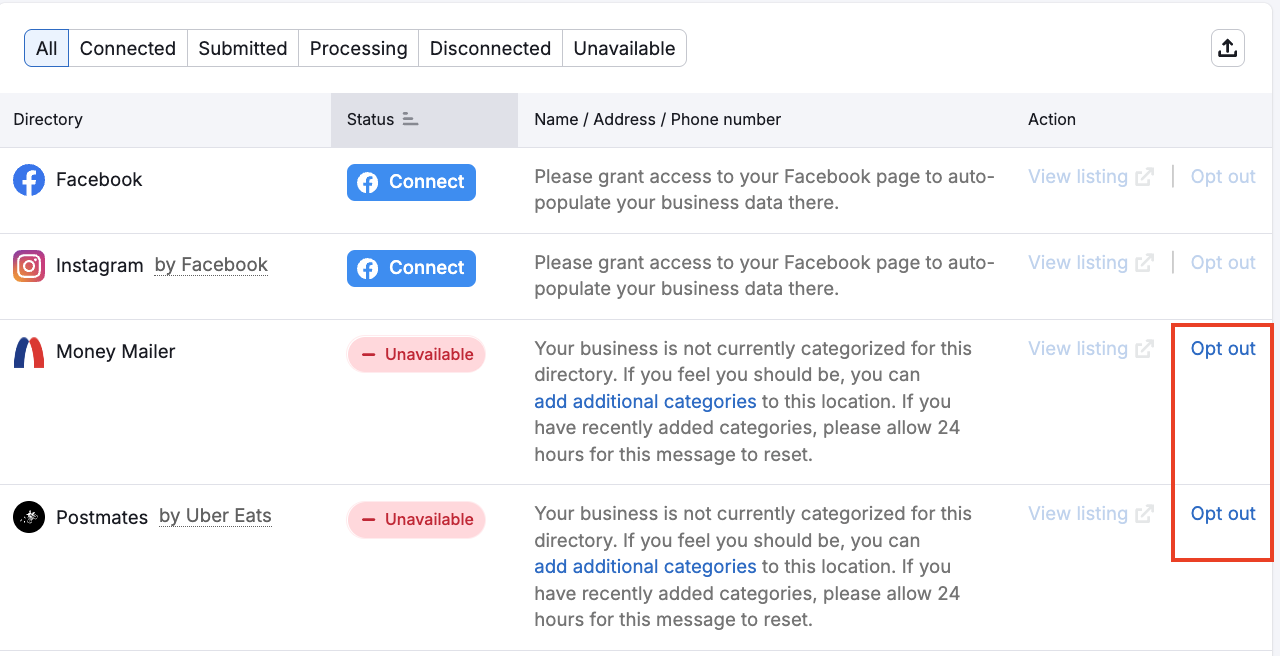 The opt out option for listings.