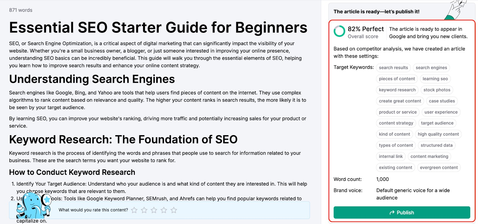 Generated article preview with an 82% score panel showing keywords, word count, and publish button.